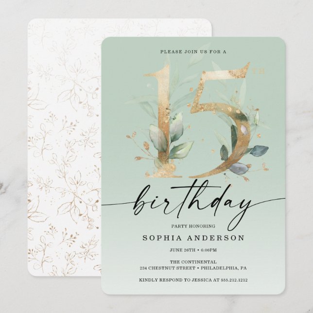 Watercolor Greenery Gold 15th Birthday Party Invit Invitation (Front/Back)