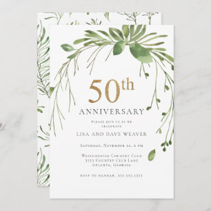Watercolor Greenery Gold 50th Anniversary Invitation