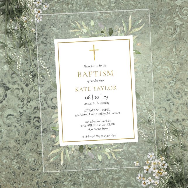 Watercolor Greenery Gold Baptism Christening Acrylic Invitations (Watercolor Greenery Gold Baptism Christening Acrylic Invitations)