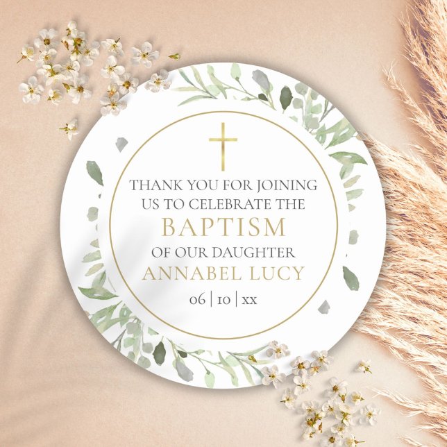 Watercolor Greenery Gold Baptism Thank You Classic Round Sticker (Creator Uploaded)