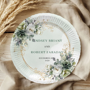 Watercolor Greenery Gold Botanical Wedding Paper Plate