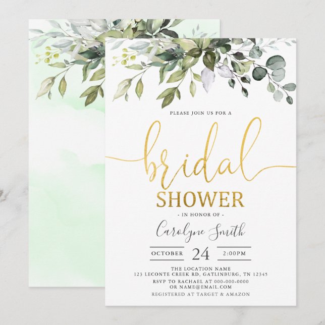 Watercolor Greenery Gold Bridal Shower Invitation (Front/Back)