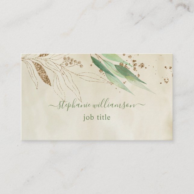 Watercolor  Greenery & Gold Business Card (Front)