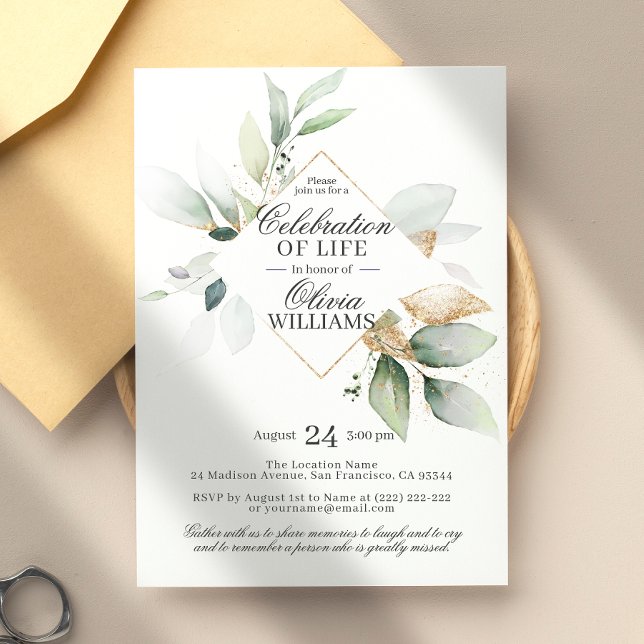 Watercolor Greenery Gold Celebration of Life Invitation (Creator Uploaded)