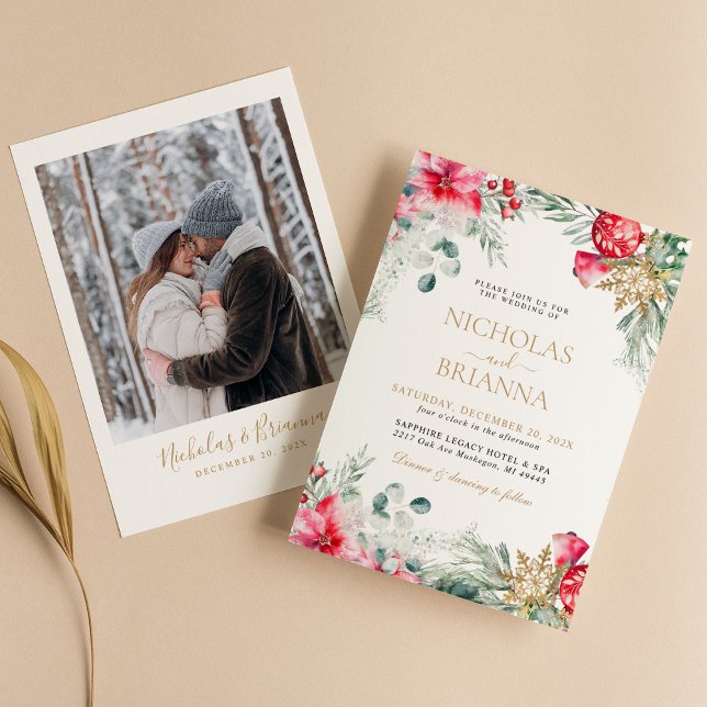 Watercolor Greenery Gold Christmas Wedding Photo Invitation (Creator Uploaded)