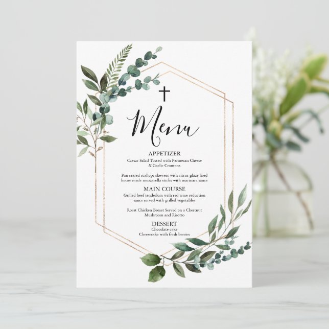 Watercolor Greenery Gold Cross Baptism Menu Card (Standing Front)