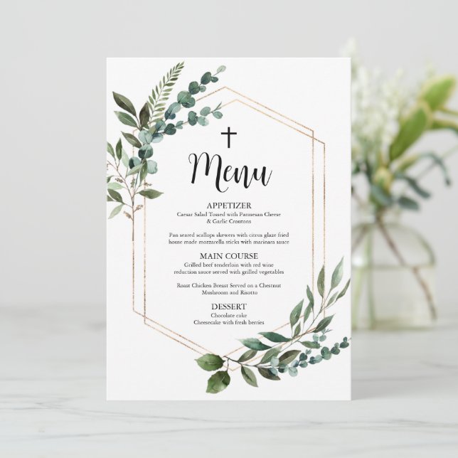 Watercolor Greenery Gold Cross Baptism Menu Cards (Standing Front)