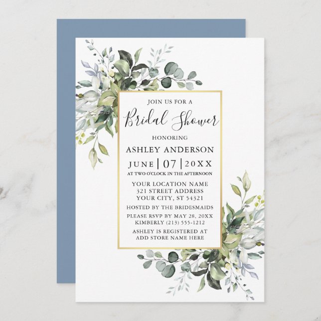  Watercolor Greenery Gold Dusty Blue Shower Invitation (Front/Back)