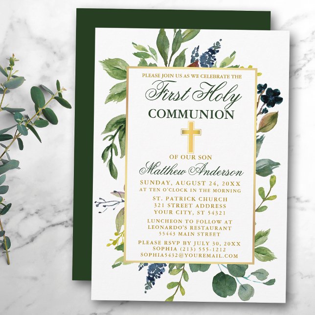 Watercolor Greenery Gold First Holy Communion Invitation (Customize to change text color,  size, style or to change color of back of card.)