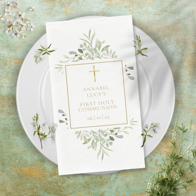 Watercolor Greenery Gold First Holy Communion Napkin (Creator Uploaded)