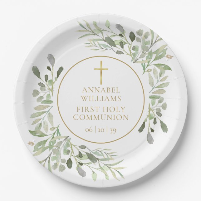 Watercolor Greenery Gold First Holy Communion Paper Plate (Front)
