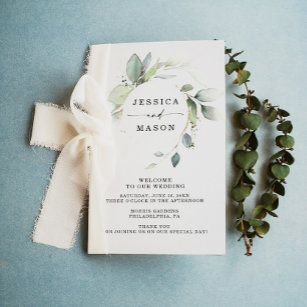 Watercolor Greenery Gold Folded Wedding Program Flyer