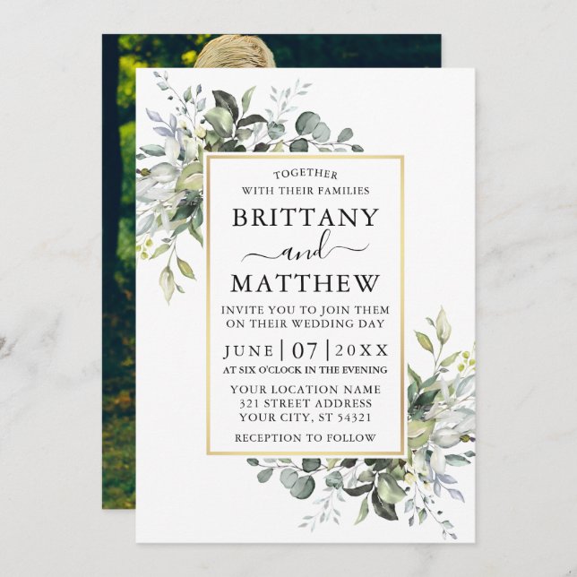 Watercolor Greenery Gold Frame Photo Wedding Invitation (Front/Back)
