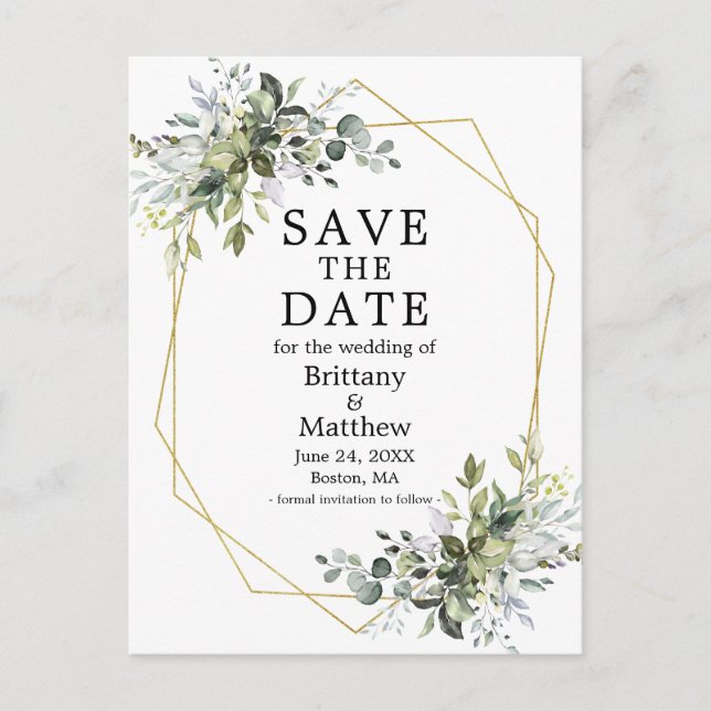 Watercolor Greenery Gold Geo Frame Save The Date Postcard (Front)