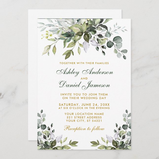 Watercolor Greenery Gold Green Photo Wedding Invitation (Front/Back)