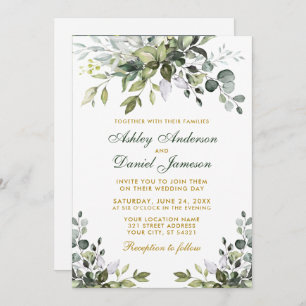 Watercolor Greenery Gold Green Photo Wedding Invitation