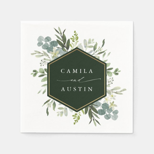 Watercolor Greenery Gold Hexagon Wedding Napkins (Front)