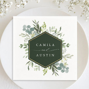 Watercolor Greenery Gold Hexagon Wedding Napkins