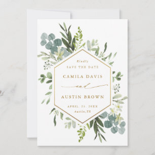 Watercolor Greenery Gold Hexagon Wedding Photo  Save The Date
