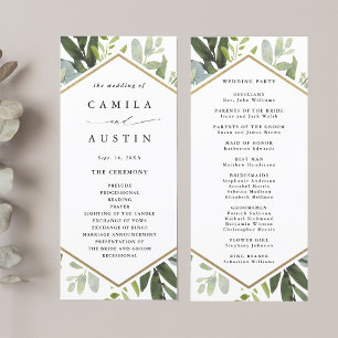 Watercolor Greenery Gold Hexagon Wedding Program