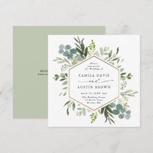Watercolor Greenery Gold Hexagon Wedding Square Invitation
