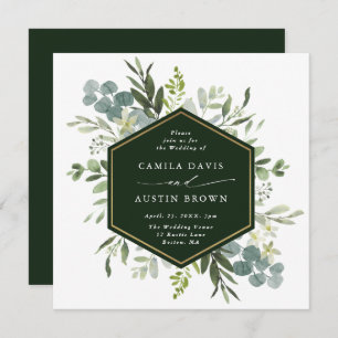 Watercolor Greenery Gold Hexagon Wedding Square Invitation