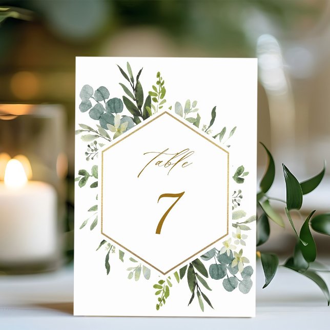 Watercolor Greenery Gold Hexagon Wedding Table Num Number (Creator Uploaded)