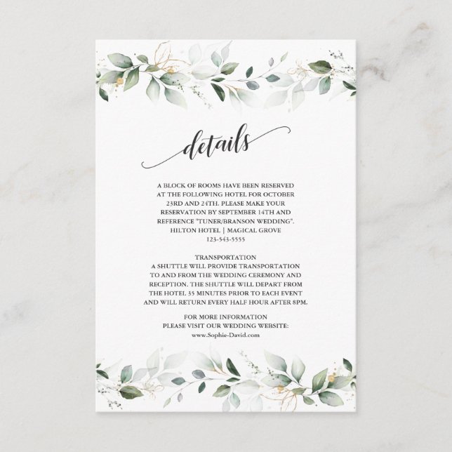 Watercolor Greenery Gold Leaves Wedding Details Enclosure Card (Front)