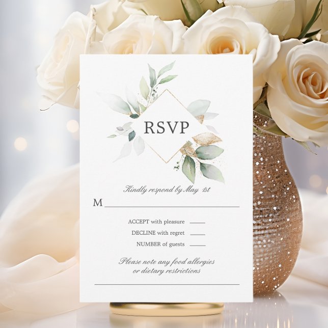 Watercolor Greenery Gold Leaves Wedding RSVP Card (Watercolor Greenery Gold Leaves Wedding RSVP Card)