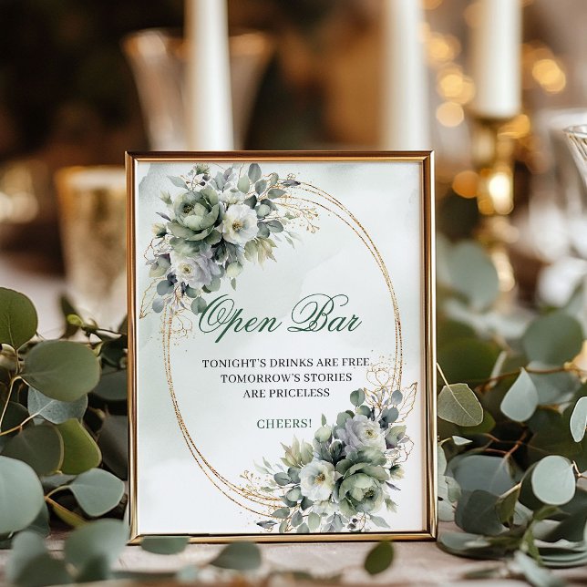 Watercolor Greenery Gold Open Bar Tabletop Sign (Watercolor Greenery Gold Open Bar Tabletop Sign)