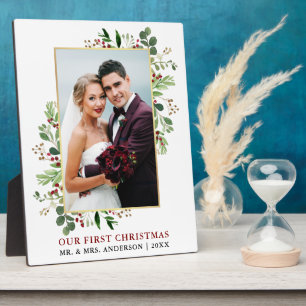 Watercolor Greenery Gold Our First Christmas Photo Plaque