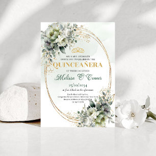 Watercolor Greenery Gold Quinceañera Invitation