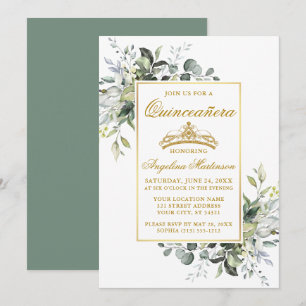 Watercolor Greenery Gold Sage Green Quinceanera Invitation