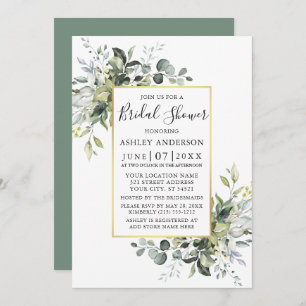  Watercolor Greenery Gold Sage Green Shower Invitation