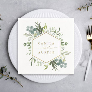 Watercolor Greenery Gold Script Hexagon Wedding Napkin