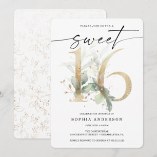 Watercolor Greenery Gold Sweet 16 Birthday Invitation