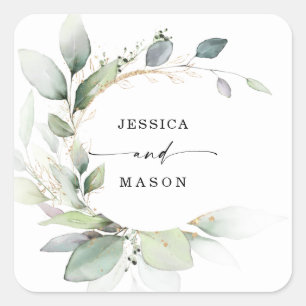 Watercolor Greenery Gold Wedding  Square Sticker