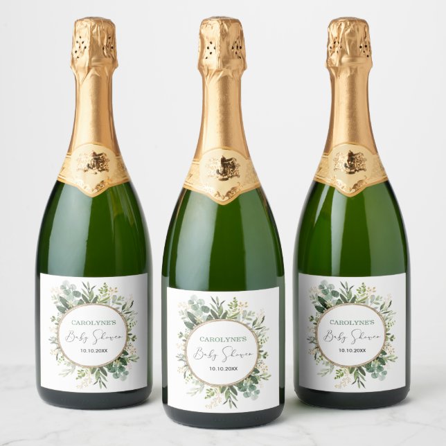Watercolor Greenery Gold Wreath Baby Shower Sparkling Wine Label (Bottles)