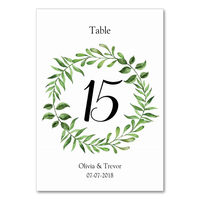 Watercolor Greenery Green Wreath Table Number (Front)