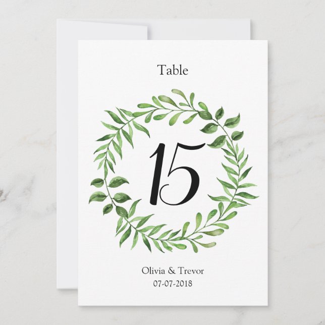 Watercolor Greenery Green Wreath Table Numbers (Front)