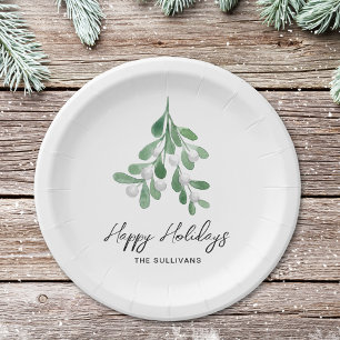 Watercolor Greenery Happy Holidays Paper Plate