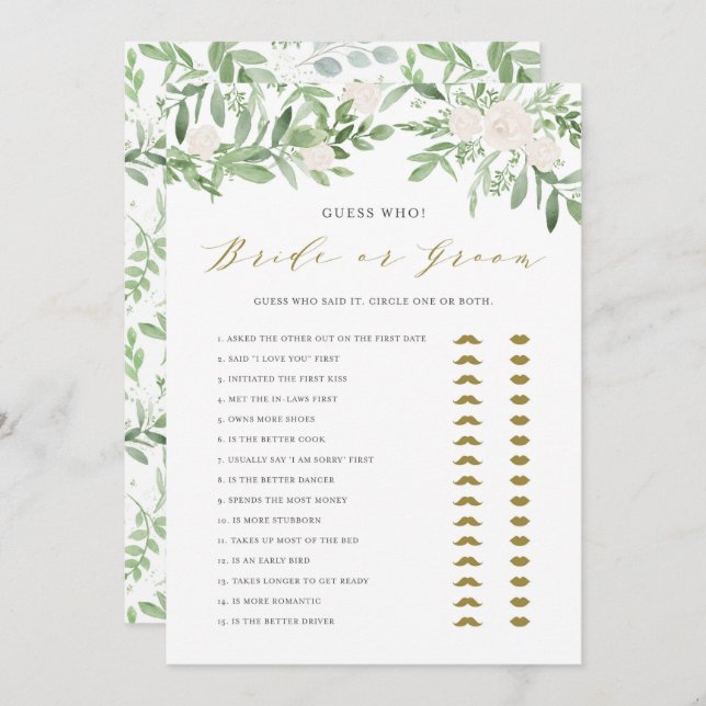 Watercolor Greenery He Said She Said Game Card (Front/Back)