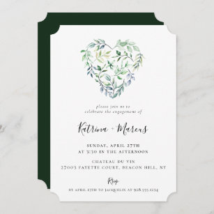 Watercolor Greenery Heart Engagement Party Invitation