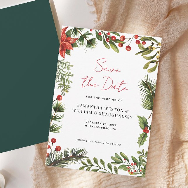 Watercolor Greenery Holiday Wedding Save The Date (Watercolor Greenery Holiday Wedding Save The Date)