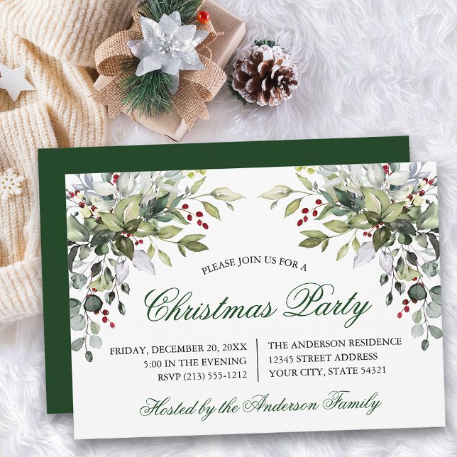 Watercolor Greenery Holly Christmas Party Invitation (Customize to change text size, color, style or to change color of back of card.)