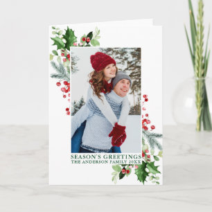 Watercolor Greenery Holly Season's Greetings Fold Holiday Card