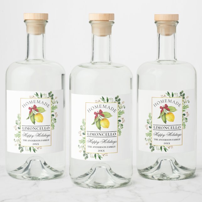 Watercolor Greenery Homemade Limoncello Holiday  Liquor Bottle Label (Bottles)