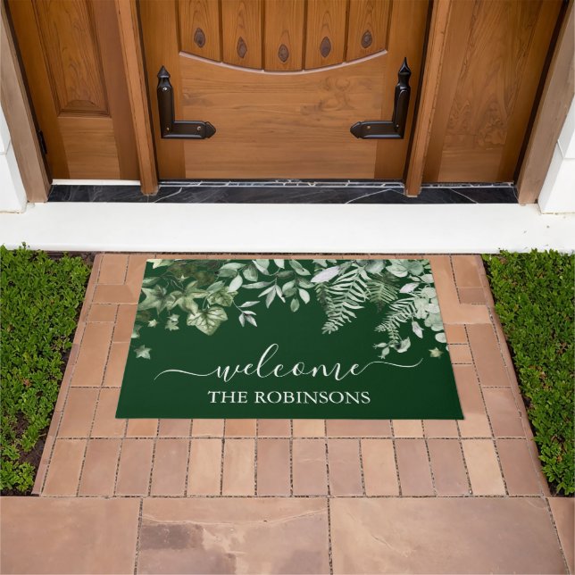 Watercolor Greenery Ivy Sage Ferns Family Name Doormat (Outdoor)