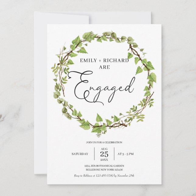 Watercolor Greenery ivy wreath modern engagement Invitation (Front)