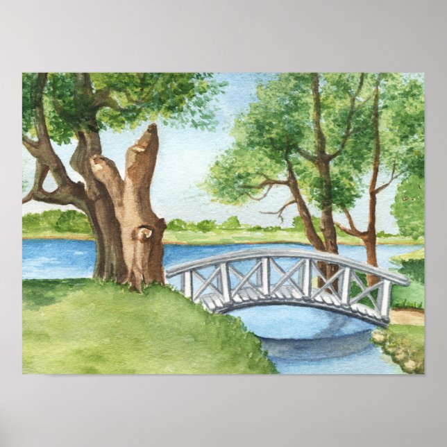 Watercolor Greenery Lake Trees Poster Print (Front)